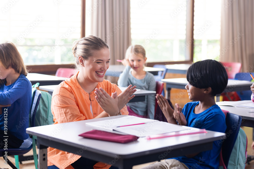 Female teacher and boy clapping hands together in school classroom, smiling and engaged