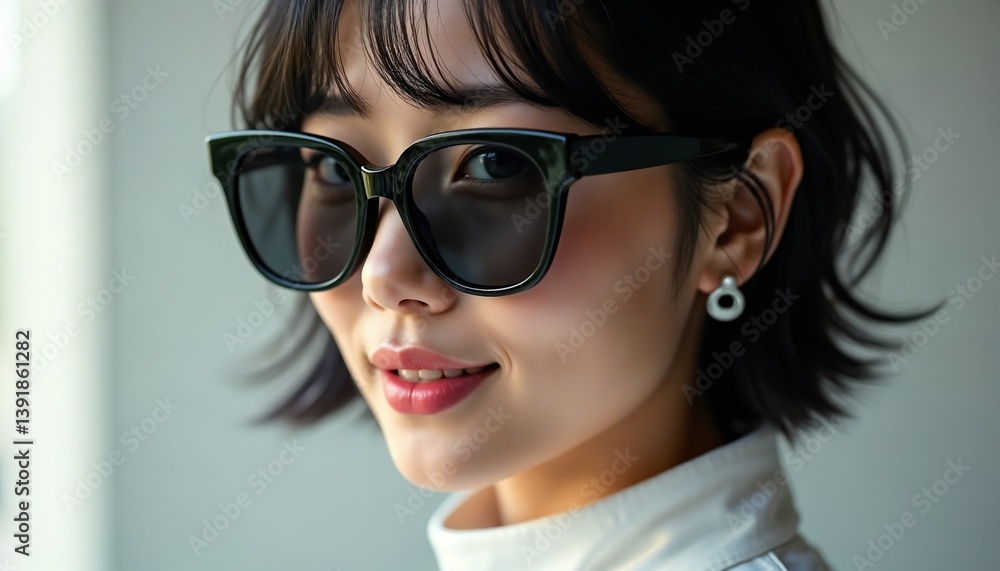 Woman wearing stylish sunglasses and earrings, smiling while posing indoors in natural light Woman wearing stylish sunglasses and earrings, smiling while posing indoors in natural light