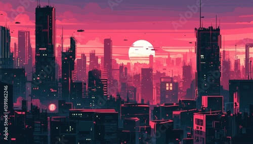 Stunning Dark Pink Cityscape with Buildings Against a Background of Vibrant Sunset, Ideal for Urban Themes and Graphic Design Projects
