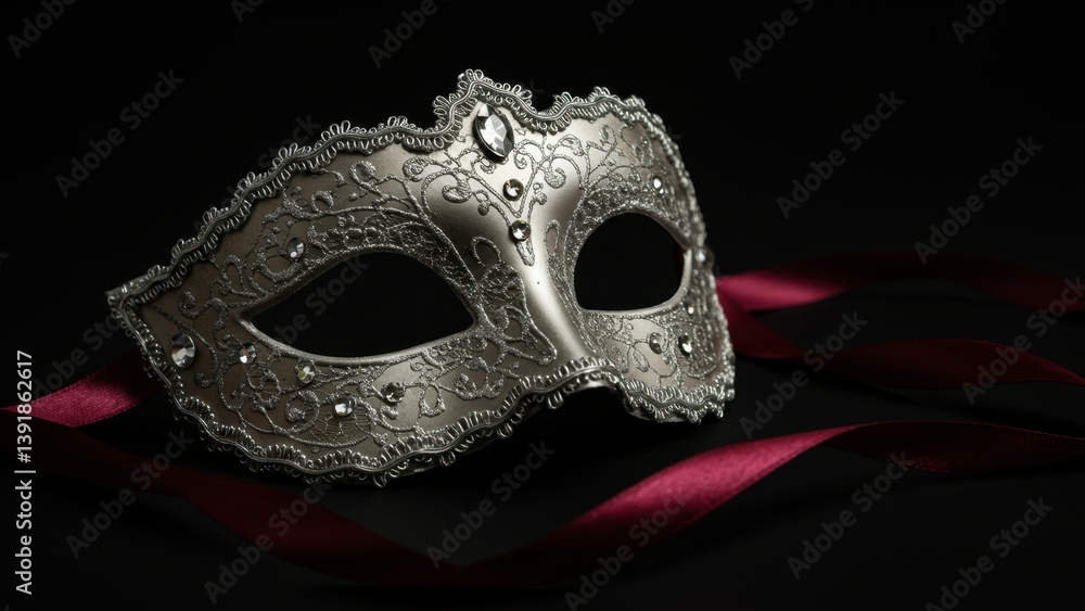 Naklejka premium Elegant silver masquerade mask with ribbons against a dark background.