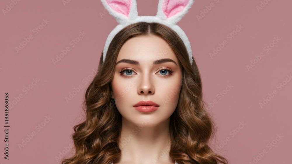 Close-up portrait of a beautiful woman with bunny ears and pink background. Close-up portrait of a beautiful woman with bunny ears and pink background.