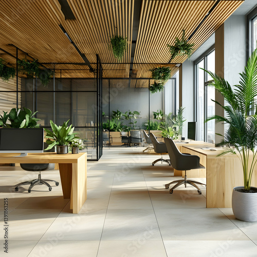 Interior view of a modern office space with wooden desks, plants, and a slatted wooden ceiling design