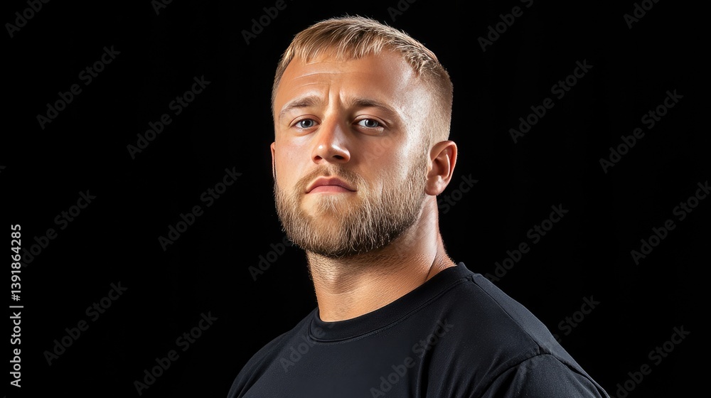 An attractive man with short hair and a beard smiles warmly while wearing a black t-shirt against a solid backdrop