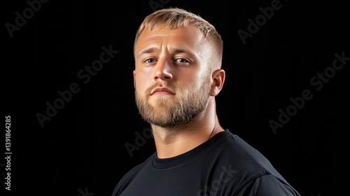 Obraz na płótnie An attractive man with short hair and a beard smiles warmly while wearing a black t-shirt against a solid backdrop w salonie