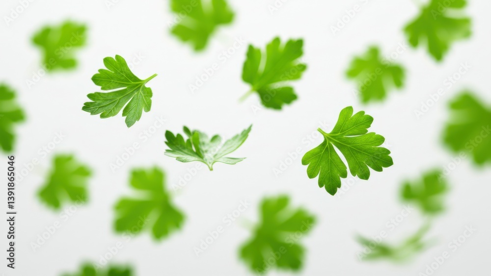 Floating fresh green parsley leaves on a white background, healthy and fresh. Floating fresh green parsley leaves on a white background, healthy and fresh.