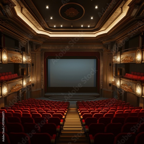 Empty cinema movie theater with blank screen and red seats.