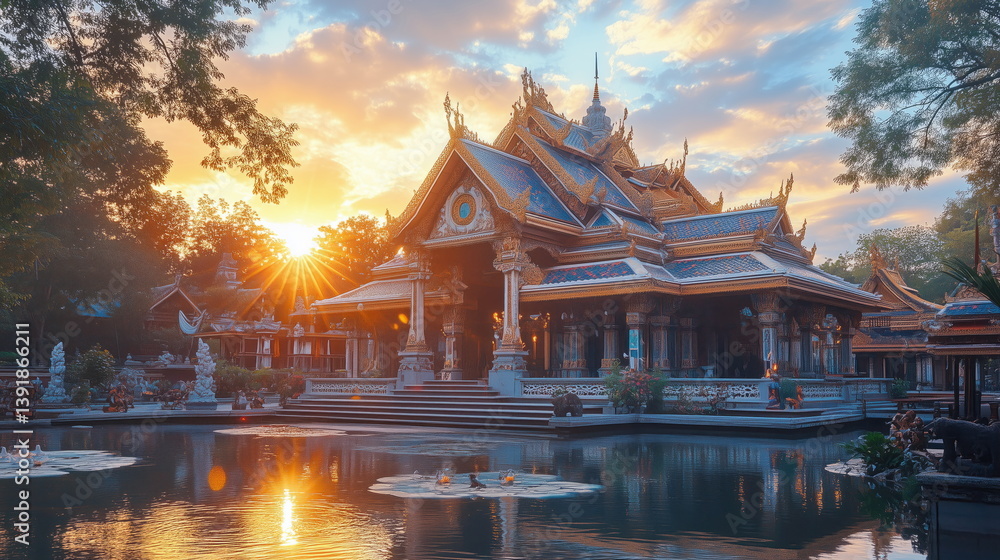 Obraz premium Sunset serenity at thai temple pond