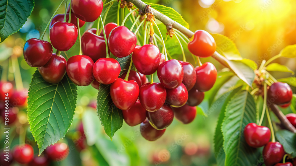 Ripe red cherries hanging on tree in orchard sunlight Ripe red cherries hanging on tree in orchard sunlight
