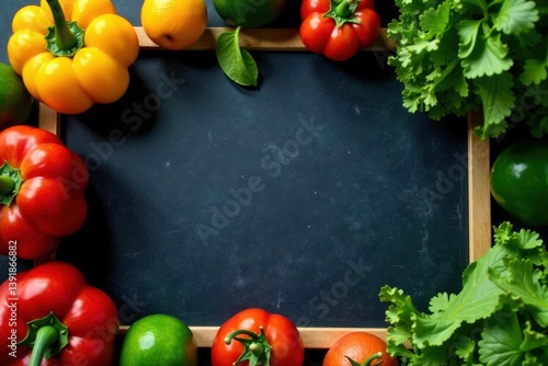 Fresh ingredients on chalkboard menu board for salads, greens, leafy