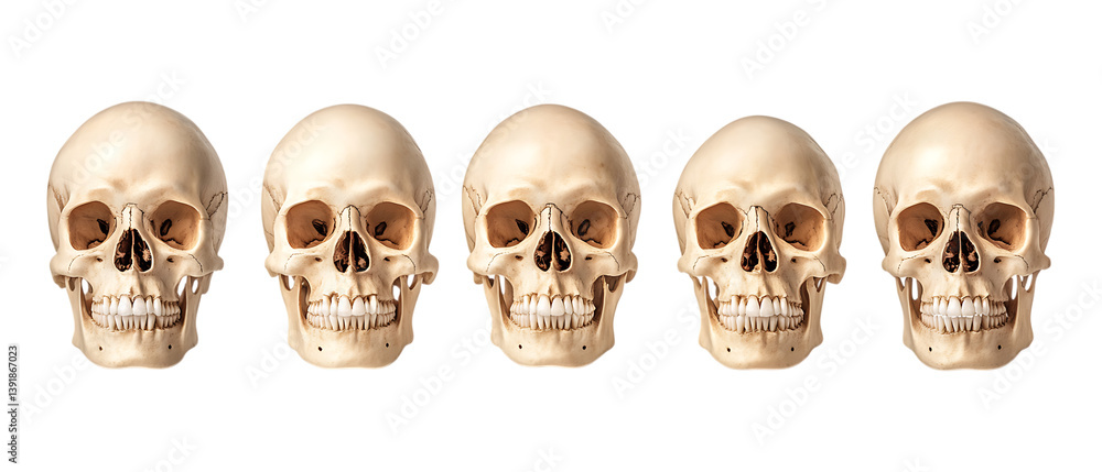 Pack of Human Skull set of Five Different Poses set Against Transparent Background for Medical Branding, Halloween Design, or Educational Projects Pack of Human Skull set of Five Different Poses set Against Transparent Background for Medical Branding, Halloween Design, or Educational Projects