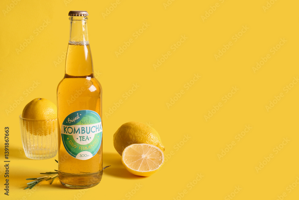 Bottle of tasty kombucha tea with lemon and rosemary on yellow background Bottle of tasty kombucha tea with lemon and rosemary on yellow background
