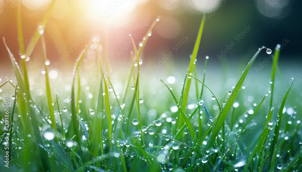 Fototapeta premium Grass with dew drops close-up, AI generated.