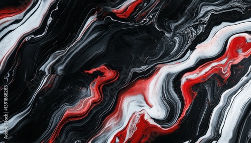 Abstract fluid art with dark, red, and white swirls