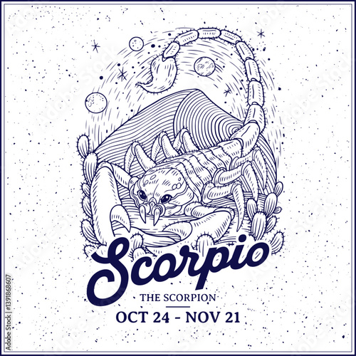 Scorpio Zodiac Sign Line Art – Mysterious Vintage Illustration of The Scorpion with Celestial and Occult Symbols Astrology Artwork
