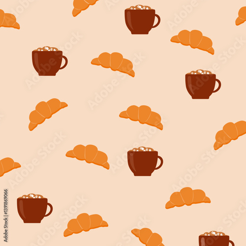 Cup of coffee with croissant on beige background. Vector illustration