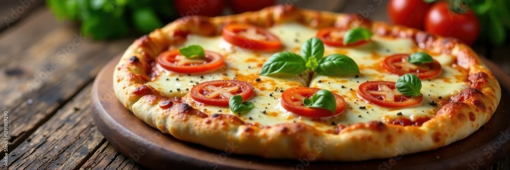 Pan pizza with various toppings on a wooden table , herbs, cheese, kitchen Pan pizza with various toppings on a wooden table , herbs, cheese, kitchen