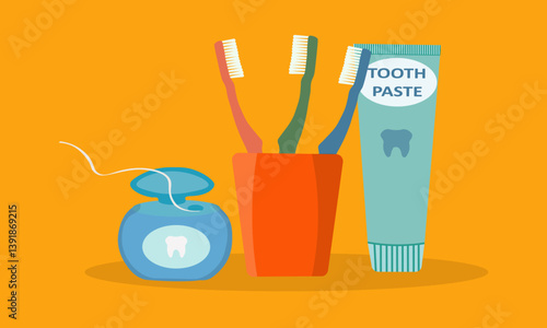 Tooth care vector. Toothbrush in the glass with toothpaste and dental floss on orange background.