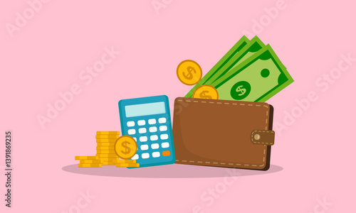 Calculator gold coins wallet with paper currency on pink background. Accounting and money savings concept. Financial management business banner. Vector illustration