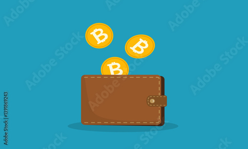 Bitcoin wallet. Vector illustration with brown wallet and few Bitcoins on blue digital background.