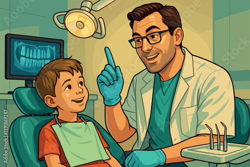 Child in Dental Chair Listening to Friendly Dentist
