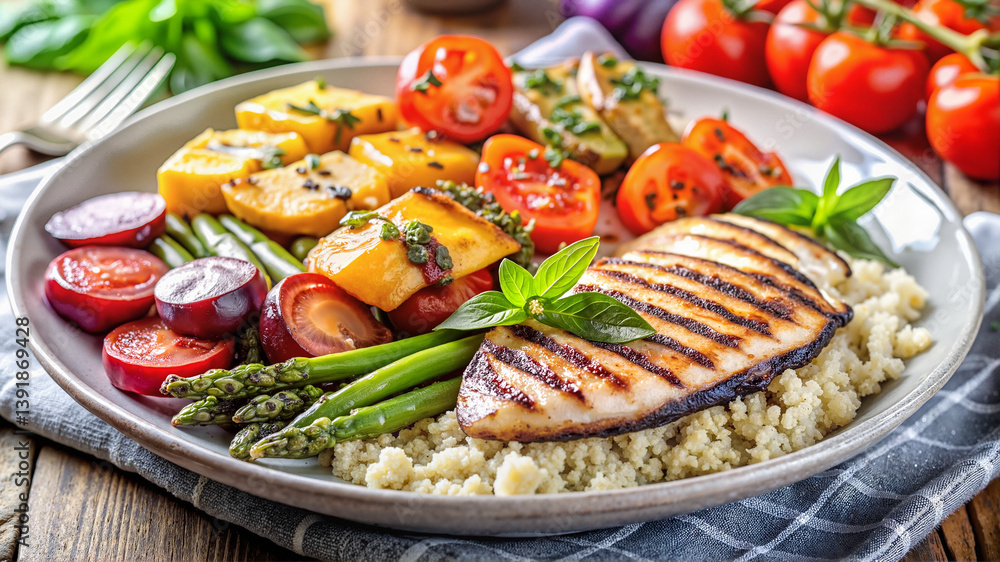 Grilled chicken with vegetables and quinoa on plate Grilled chicken with vegetables and quinoa on plate