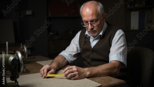 Mature caucasian male tailor measuring fabric in workshop with focused expression