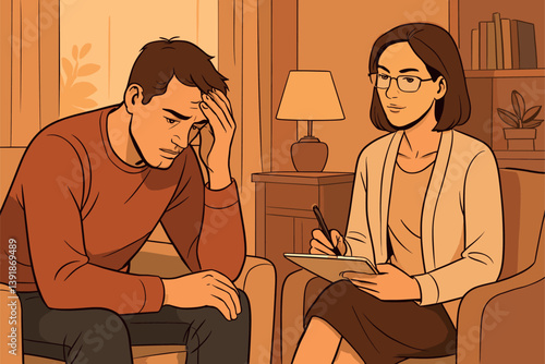 Man Speaking to Psychotherapist in Warm, Safe Setting