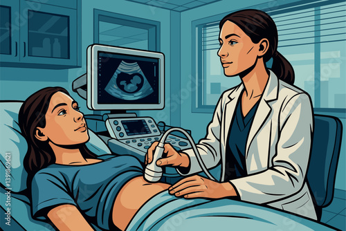 Pregnant woman receiving ultrasound scan in modern medical clinic