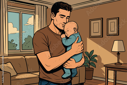 Father Holding Baby Close in Living Room