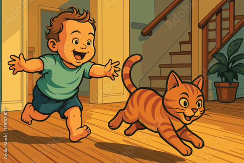 Toddler Joyfully Chasing Pet Around the House