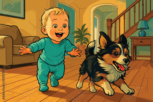 Toddler Joyfully Chasing Pet Around the House
