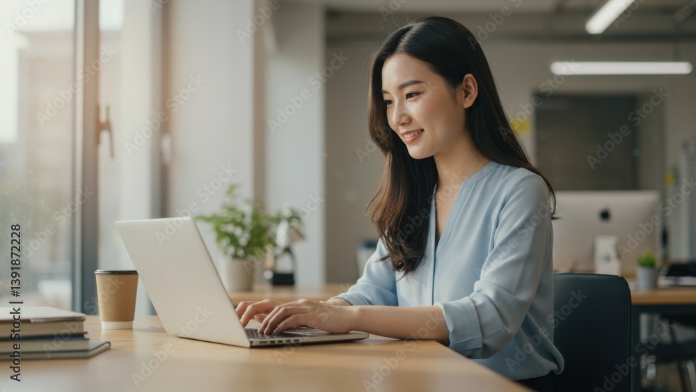 Smiling woman working on a laptop in a bright, modern office space. Smiling woman working on a laptop in a bright, modern office space.