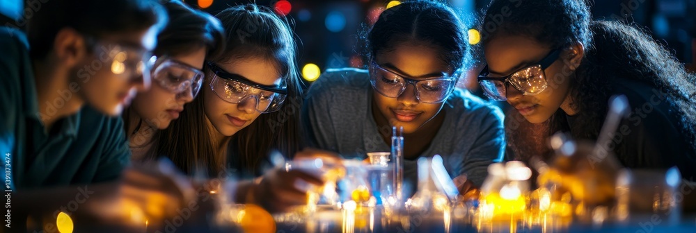 Group of students in lab coats looking at test tubes Group of students in lab coats looking at test tubes