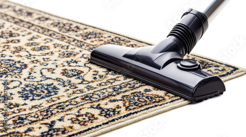 Wallpaper Mural Vacuum Cleaning a Patterned Rug. A vacuum cleaner head cleaning a patterned rug, highlighting the concept of home cleaning and chores on a white background. Torontodigital.ca