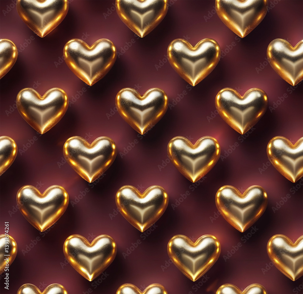 Fototapeta premium Elegant seamless pattern featuring 3D golden hearts with a metallic texture on a deep burgundy background. Perfect for romantic, festive, or luxurious-themed design projects