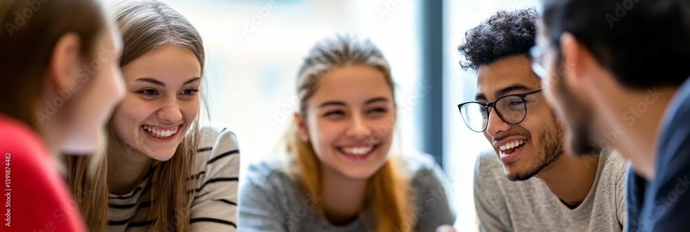 Obraz premium Group of young adults smiling and interacting in a bright