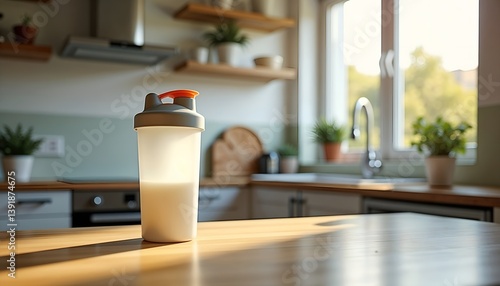 Wallpaper Mural Protein shake in shaker bottle representing fitness lifestyle against sunlit modern kitchen background Torontodigital.ca