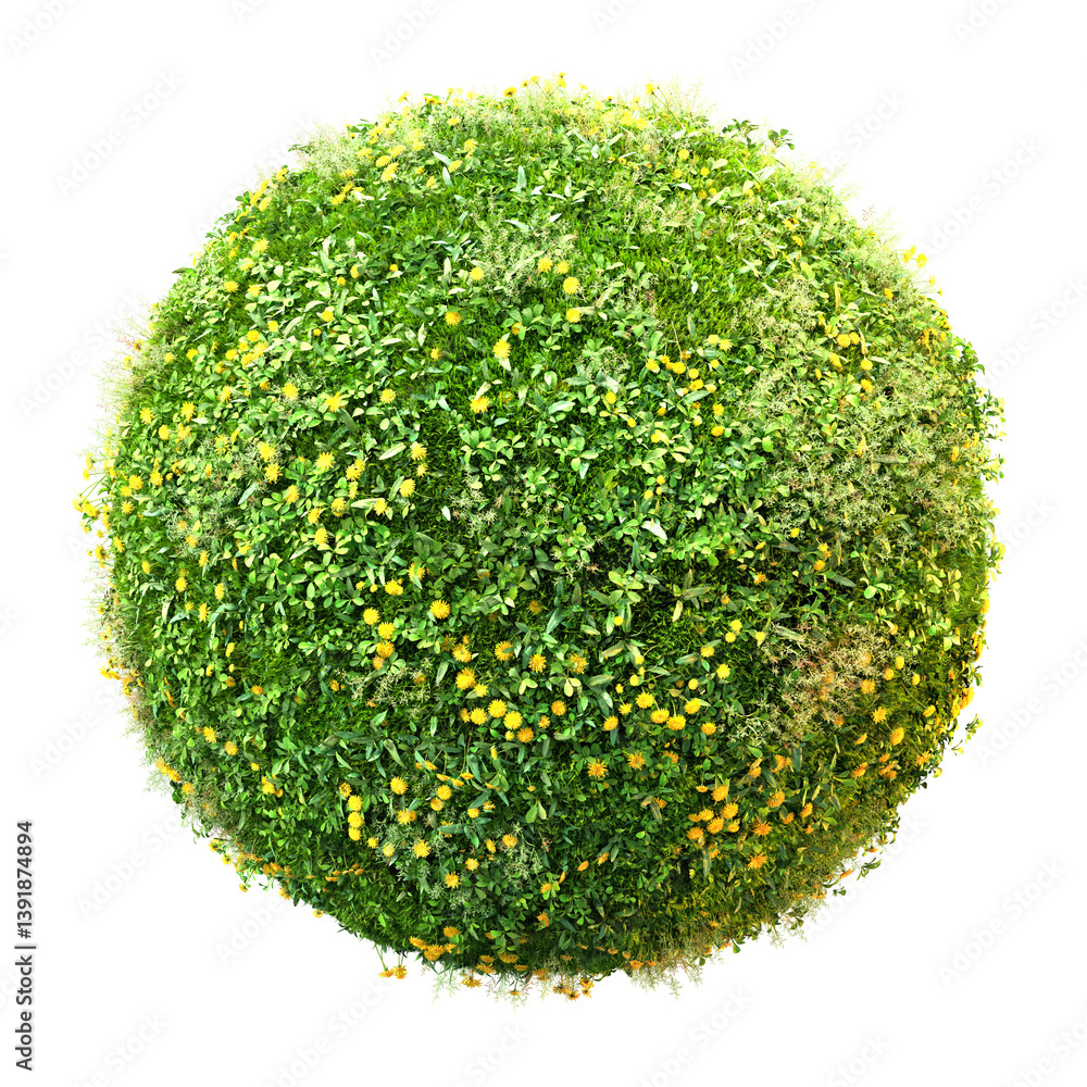 Fototapeta premium green grass and dandelions planet isolated on white background, Conceptual 3D rendering resembling a miniature grassy planet