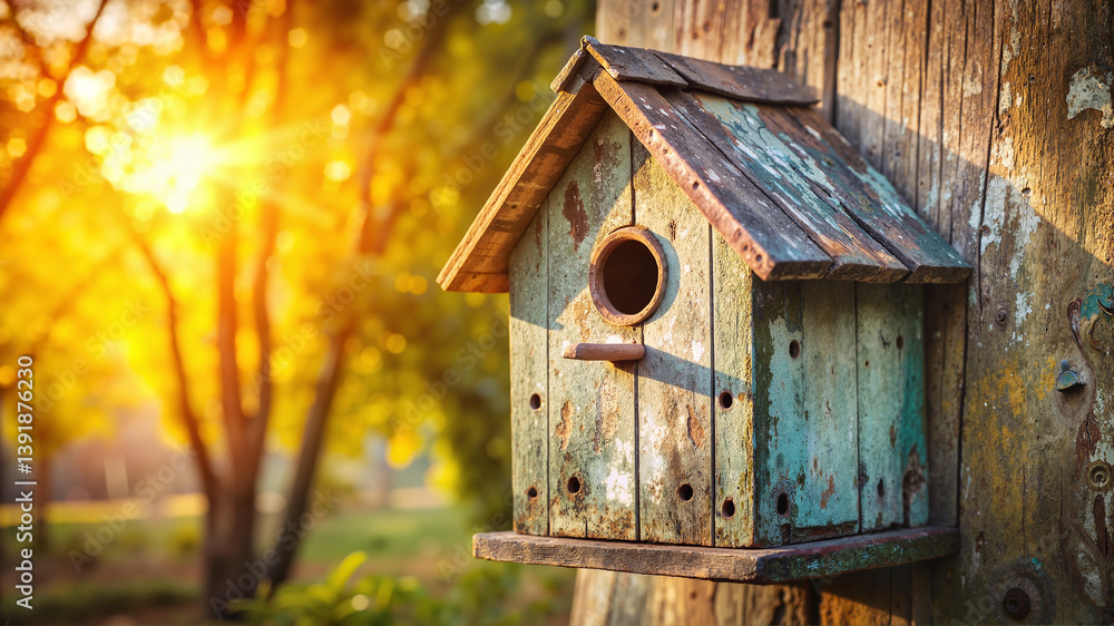 Rustic birdhouse on tree trunk in golden hour light Rustic birdhouse on tree trunk in golden hour light