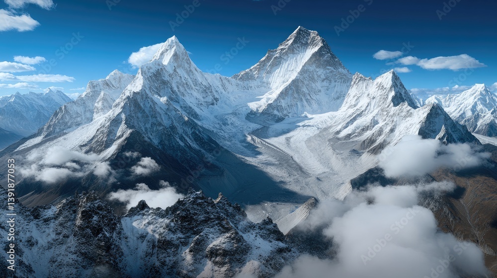Obraz premium Experience the stunning aerial perspective of the Himalayas, where towering snow-covered peaks rise against a vibrant blue sky