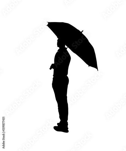 Man body silhouette with an umbrella standing on rain.