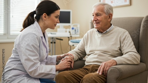 A doctor consoles an elderly patient during a visit in a calming medical office