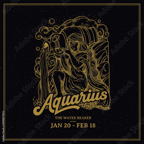 Aquarius Zodiac Sign Line Art – Elegant Vintage Illustration of The Water Bearer with Celestial Elements Astrology and Horoscope Design