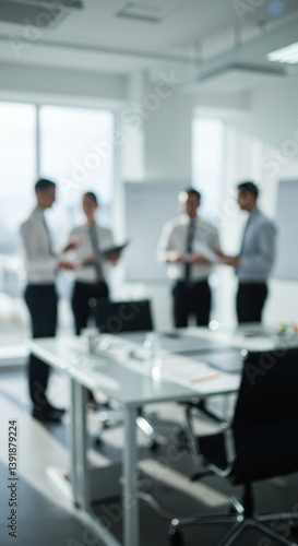  Team Meeting in Modern Office: Blurred Vision, Focused Goals. Bright Workplace. Dynamic Discussion. [107 characters]