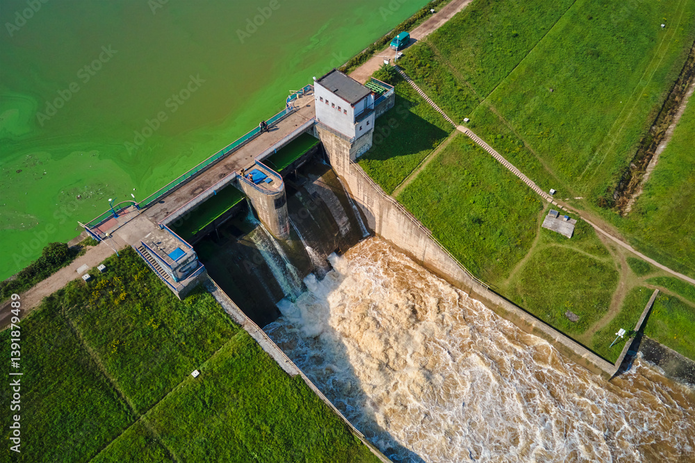 Aerial view of large dam discharging water into channel, managing water levels in reservoir, releasing water through floodgates. Mietkow, Poland
