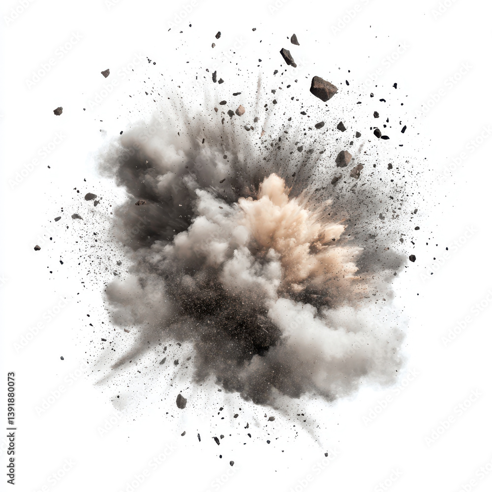 A dramatic image of a powerful explosion. Grey and tan smoke billows outward, surrounded by scattered debris against a stark white background. The visual impact is intense and powerful. A dramatic image of a powerful explosion. Grey and tan smoke billows outward, surrounded by scattered debris against a stark white background. The visual impact is intense and powerful.