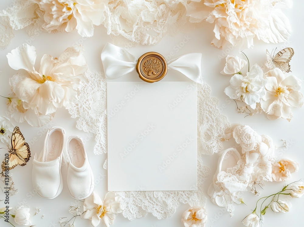 Elegant Stationery Mockup with White Flowers Baby Shoes and Butterfly