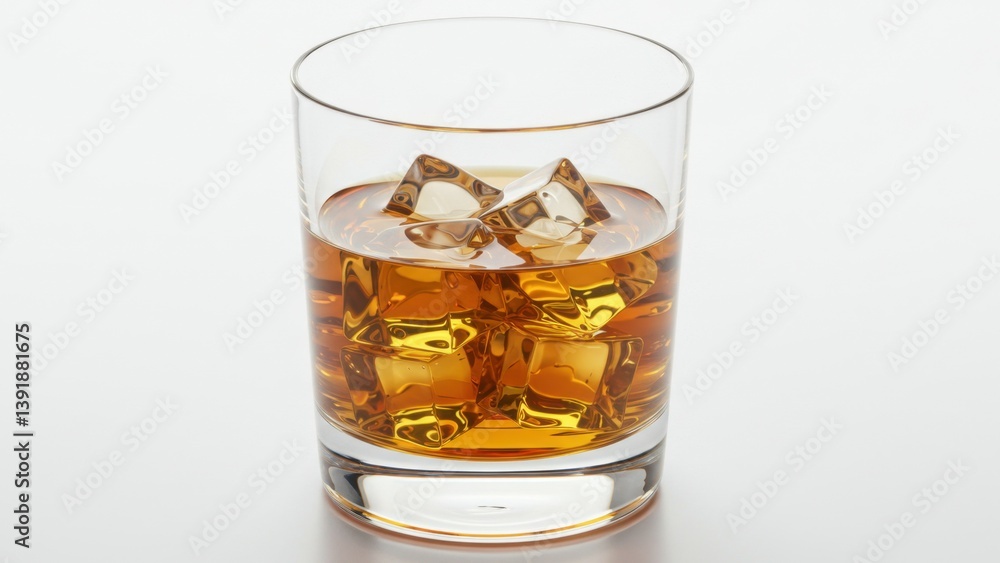 Whiskey in a glass with ice cubes on a clean, white background. Whiskey in a glass with ice cubes on a clean, white background.