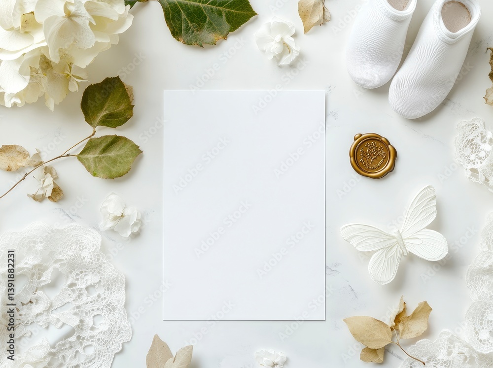 Blank Card with Baby Shoes, Floral Elements and Butterfly for Mockup