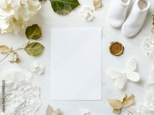 Obraz na płótnie Blank Card with Baby Shoes, Floral Elements and Butterfly for Mockup w salonie